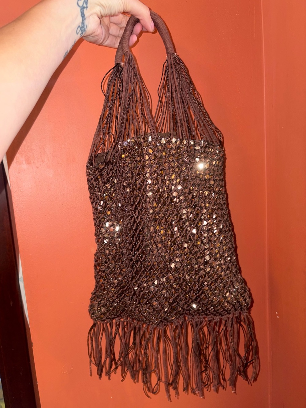 Brown shiny Crochet Fringe purse